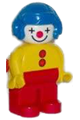 Duplo clown with yellow top, red legs, yellow arms, and blue aviator helmet - 4555pb001