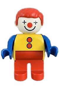 Duplo Male Clown - A male Duplo figure dressed as a clown with red legs, yellow top, blue arms, and red straight hair - 4555pb002