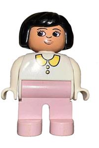Duplo Female - Female Duplo figure with black hair, wearing a white blouse and pink legs - 4555pb004