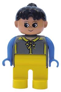 Duplo Female - Female Duplo figure with yellow legs, dark gray top with yellow zipper and blue arms, and a black ponytail - 4555pb005