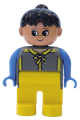 Female Duplo figure with yellow legs, dark gray top with yellow zipper and blue arms, and a black ponytail - 4555pb005