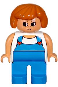 Duplo Female - Female Duplo figure wearing blue legs and a white top with blue overalls featuring red hearts - 4555pb006