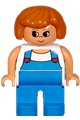 Duplo Figure, Female, Blue Legs, White Top with Blue Overalls with Red Hearts - 4555pb006