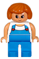 Female Duplo figure wearing blue legs and a white top with blue overalls featuring red hearts - 4555pb006