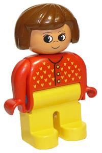 Duplo Female - Duplo figure with yellow legs, red sweater with yellow V stitching, brown hair, and a turned-up nose, female - 4555pb008
