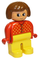 Duplo figure with yellow legs, red sweater with yellow V stitching, brown hair, and a turned-up nose, female - 4555pb008