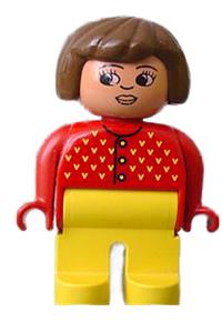 Duplo Figure, Female, Yellow Legs, Red Sweater with Yellow V Stitching, Brown Hair, Turned Down Nose 4555pb008b
