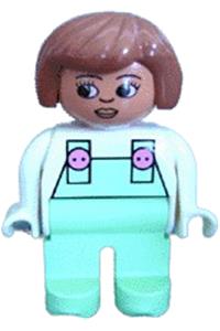 Duplo Female - Female Duplo figure with light green legs, wearing a white top with light green overalls and Fabuland brown hair - 4555pb009