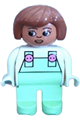 Female Duplo figure with light green legs, wearing a white top with light green overalls and Fabuland brown hair - 4555pb009