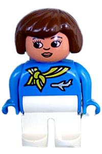 Duplo Female - Female Duplo figure with white legs wearing a blue top with scarf and jet airplane, brown hair, turned down nose - 4555pb010