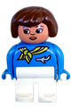 Duplo Figure, Female, White Legs, Blue Top with Scarf and Jet Airplane, Brown Hair, Turned Down Nose - 4555pb010