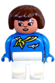 Female Duplo figure with white legs wearing a blue top with scarf and jet airplane, brown hair, turned down nose - 4555pb010