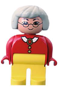 Duplo Figure, Female, Yellow Legs, Red Blouse with White Collar, Gray Hair, Glasses, Asian Eyes 4555pb011