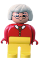 Duplo Figure, Female, Yellow Legs, Red Blouse with White Collar, Gray Hair, Glasses, Asian Eyes - 4555pb011