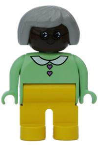 Duplo Figure, Female, Yellow Legs, Light Green Top with Heart Buttons, Gray Hair, Brown Head 4555pb012