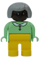 Duplo Figure, Female, Yellow Legs, Light Green Top with Heart Buttons, Gray Hair, Brown Head - 4555pb012