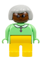 Duplo Figure, Female, Yellow Legs, Light Green Top with Heart Buttons, Gray Hair, Brown Head - 4555pb012