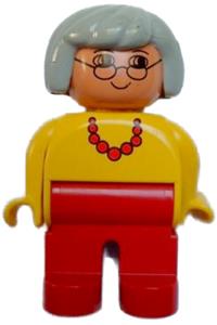 Duplo Figure, Female, Red Legs, Yellow Top with Red Necklace, Gray Hair, Glasses 4555pb013
