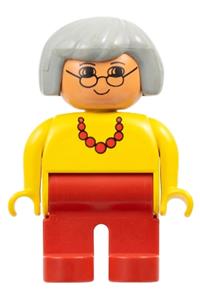 Duplo Figure, Female, Red Legs, Yellow Top with Red Necklace, Gray Hair, Glasses 4555pb013