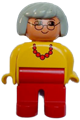Duplo Figure, Female, Red Legs, Yellow Top with Red Necklace, Gray Hair, Glasses - 4555pb013