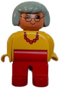 Duplo Figure, Female, Red Legs, Yellow Top with Red Necklace, Gray Hair, Glasses, no White in Eyes Pattern 4555pb013a