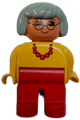 Duplo Figure, Female, Red Legs, Yellow Top with Red Necklace, Gray Hair, Glasses, no White in Eyes Pattern - 4555pb013a