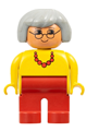 Female Duplo figure with red legs, yellow top, red necklace, gray hair, glasses, and no white in eyes pattern - 4555pb013a