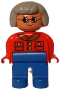 Duplo Figure, Female, Blue Legs, Red Jacket, Light Gray Hair, Glasses 4555pb015
