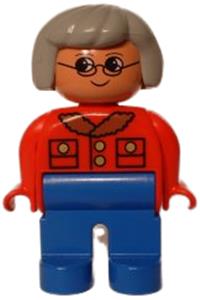 Duplo Grandma - Female Duplo figure with blue legs, red jacket, light gray hair, and wearing glasses - 4555pb015