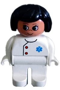 Duplo Female Medic - Female Duplo figure dressed as a medic with white legs, white top featuring an EMT Star of Life pattern, and black hair - 4555pb016