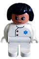 Female Duplo figure dressed as a medic with white legs, white top featuring an EMT Star of Life pattern, and black hair - 4555pb016