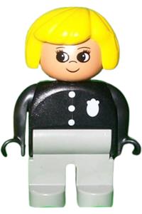Duplo Female Police - Female Duplo figure with yellow hair and light gray legs, dressed as a police officer - 4555pb018