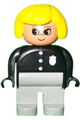 Female Duplo figure with yellow hair and light gray legs, dressed as a police officer - 4555pb018