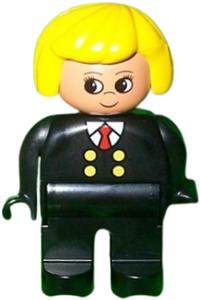 Duplo Female - Female Duplo figure with yellow hair wearing black legs, a red tie, and a black suit - 4555pb019