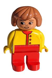 Duplo Figure, Female, Red Legs, Yellow Top Unbuttoned with Red Buttons, Fabuland Brown Hair 4555pb020