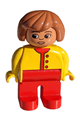 Duplo Figure, Female, Red Legs, Yellow Top Unbuttoned with Red Buttons, Fabuland Brown Hair - 4555pb020