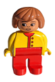 Female Duplo figure with red legs, wearing a yellow top unbuttoned with red buttons and Fabuland brown hair - 4555pb020