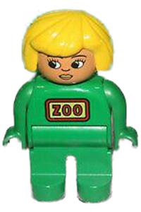 Duplo Female Zoo - Female Duplo figure with yellow hair, wearing a green uniform and green legs in a zoo setting - 4555pb023