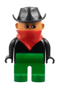 Duplo Figure, Male, Green Legs, Black Top, Red Scarf, Cowboy Hat 4555pb024