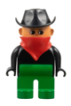 Male Duplo figure with green legs, black top, red scarf, and cowboy hat - 4555pb024