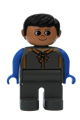 Male Duplo figure with dark gray legs, black hair, wearing a dark gray zippered coat and blue arms - 4555pb025