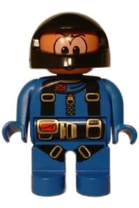 Duplo Male Action Wheeler - Male Duplo figure in a blue jumpsuit with parachute straps, wearing a black racing helmet and blue legs - 4555pb026