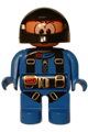 Male Duplo figure in a blue jumpsuit with parachute straps, wearing a black racing helmet and blue legs - 4555pb026