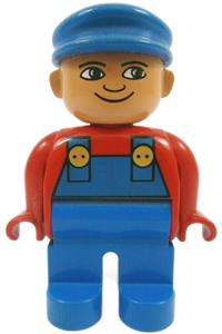 Duplo Male - Male Duplo figure with blue legs, wearing a red top with blue overalls, a blue cap, and a turned-up nose - 4555pb027