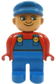 Duplo Figure, Male, Blue Legs, Red Top with Blue Overalls, Blue Cap, Turned Up Nose - 4555pb027