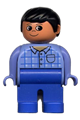 Male Duplo figure with black hair wearing blue top with plaid pocket and blue legs - 4555pb028