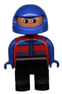 Duplo Male - Male Duplo figure with black legs, wearing a red and blue zippered jacket and a blue racing helmet - 4555pb029