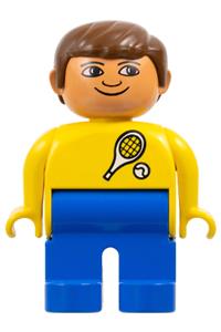 Duplo Male - Male Duplo figure with blue legs, yellow top featuring tennis racket and ball pattern, and brown hair - 4555pb032