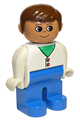Male Duplo figure with brown hair, wearing white two-button cardigan and blue legs - 4555pb033