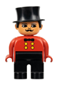 Male Duplo figure with black legs, wearing a red top and a top hat - 4555pb036